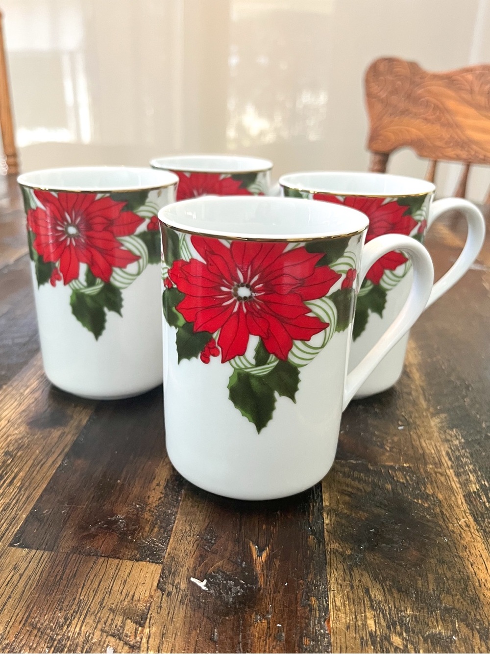 Vtg AMERICAN ATELIER Poinsettia S4 Christmas Mugs Ceramic Holiday 80s 90s in Box